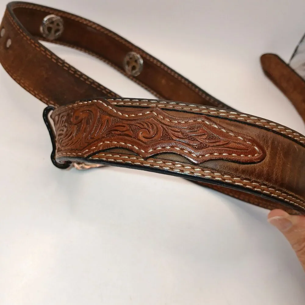 3D Belt Mens Size 40 Brown Hand Tooled Western Concho Cross Studded